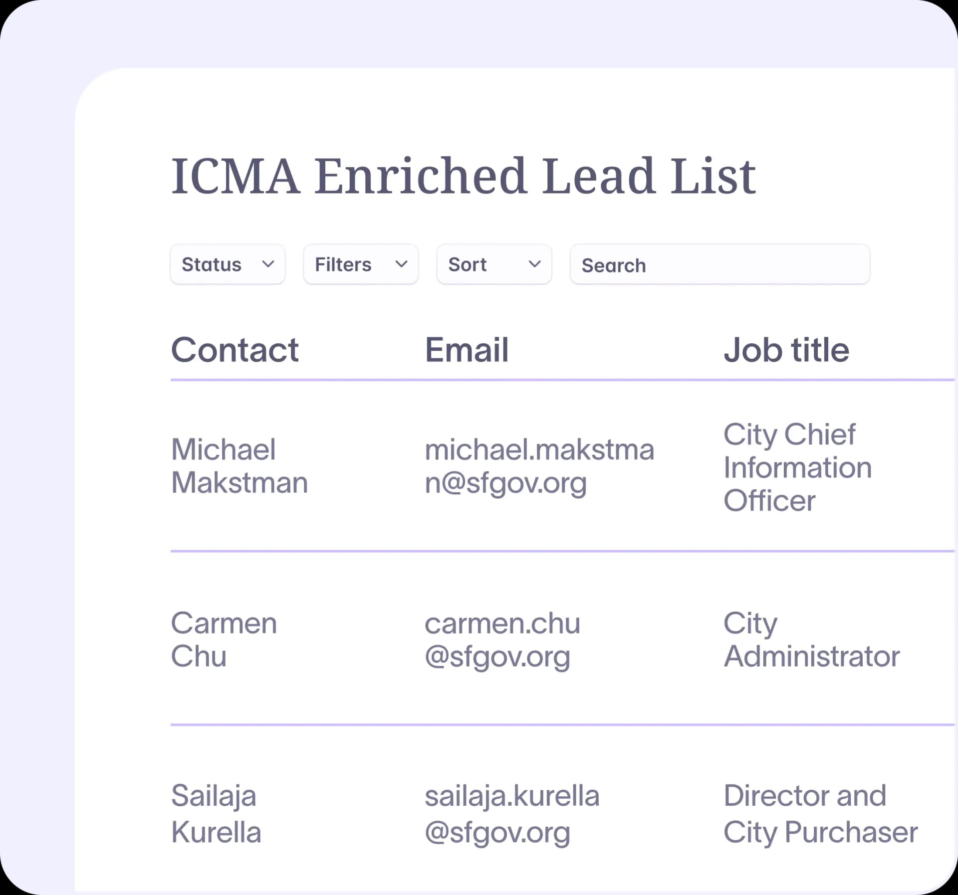 A Starbridge enriched lead list for the ICMA conference, with status, filter, sort and search controls above rows of attendee names, verified emails and job titles