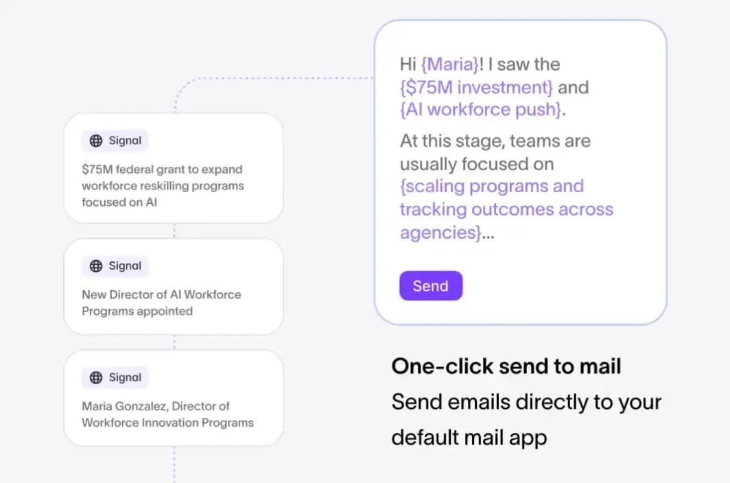 A personalization snippet attached to a lead pushed into a sequencer, referencing the buying signal that triggered outreach