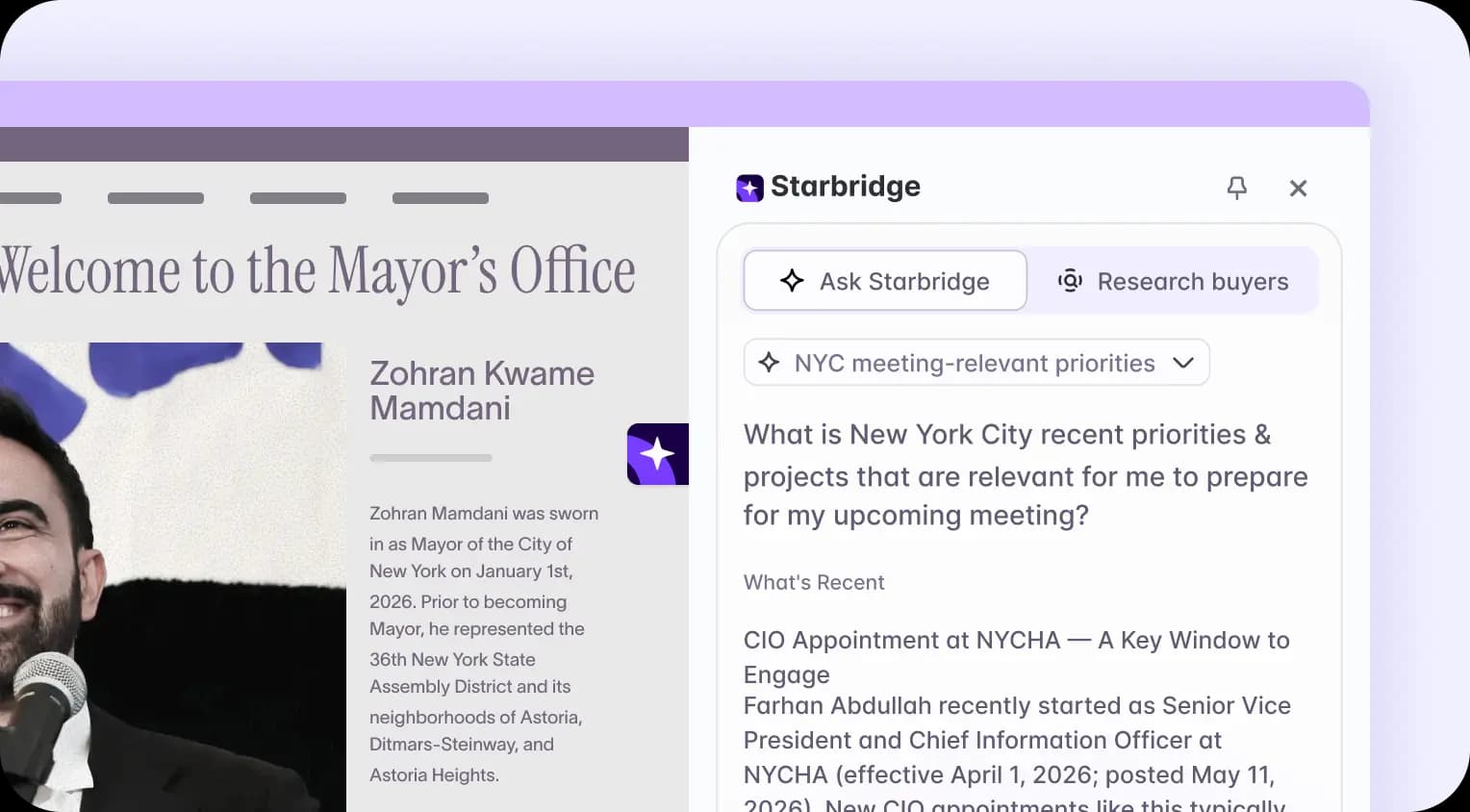 Starbridge Chrome extension surfacing account intelligence directly on a government website